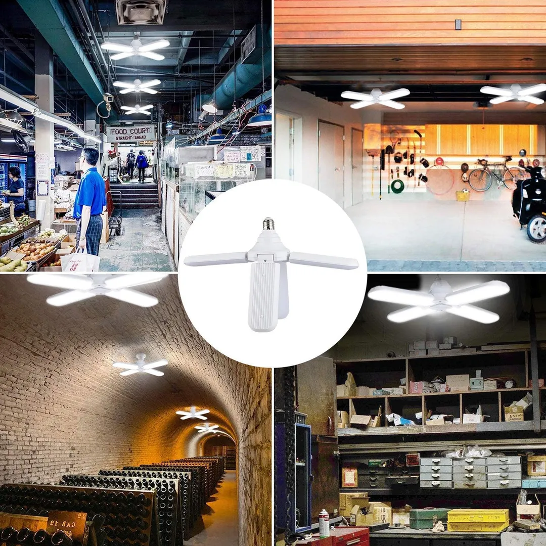Stoneway 60W LED Garage Lights, Trilights LED Garage Ceiling Lighting, High Low Bay Deformable Adjustable Led Light Bulbs 5500LM 6000K, Screw in Tribright Garage Lighting Fixture, photo 9 of 10
