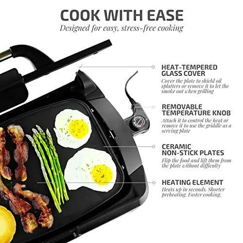 Ovente 2 in 1 Electric Countertop Powerful Contact Grill with Glass Lid & Nonstick Ceramic Grill & Griddle Plate, Portable Stainless Steel BBQ Grill with Removable Drip Tray Easy Clean, Black GR2001B, photo 6 of 8