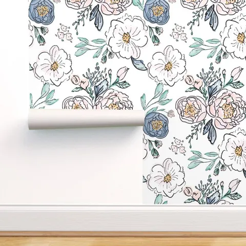 Peel-and-Stick Removable Wallpaper Floral Vintage Blush Blue Indy Bloom Flowers
