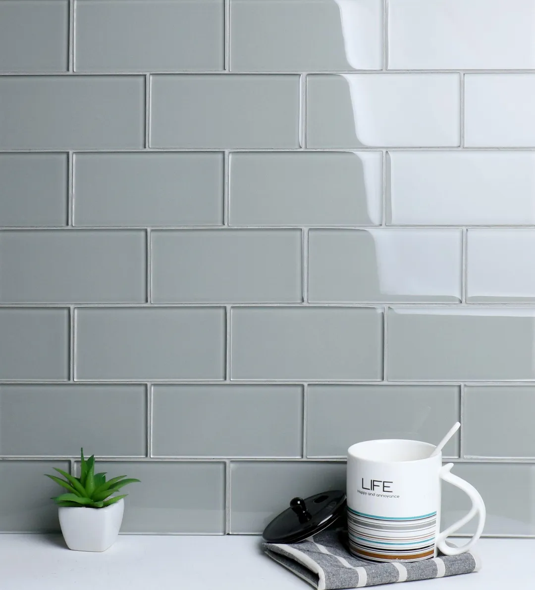 WS Tiles - Premium Soft Gray 3 in. x 6 in. Glass Subway 12 in. x 12 in. Mesh-Backed Wall Tile (5 sq. ft. / Case), photo 4 of 5
