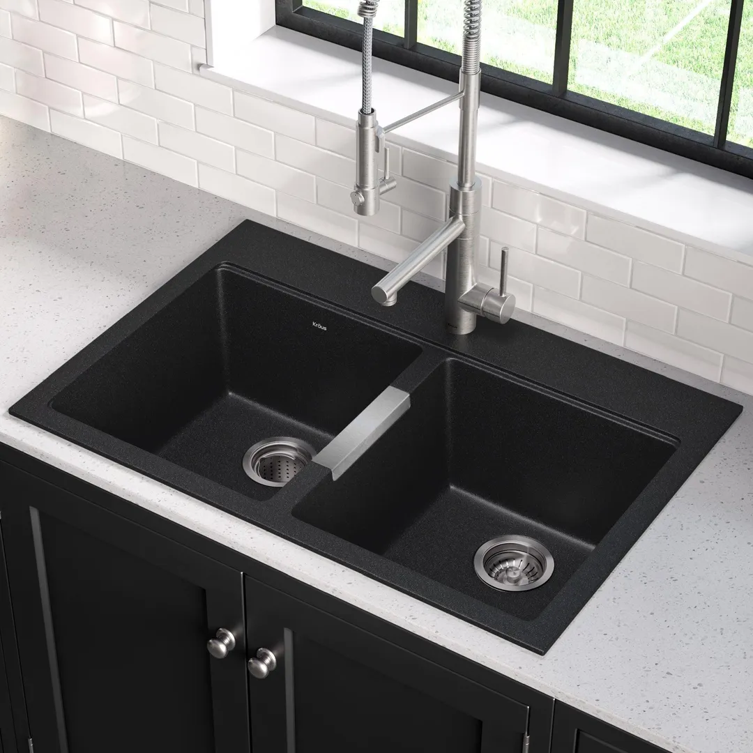 KRAUS 33 Inch Dual Mount 50/50 Double Bowl Granite Kitchen Sink w/ Topmount and Undermount Installation in Black Onyx, photo 4 of 12