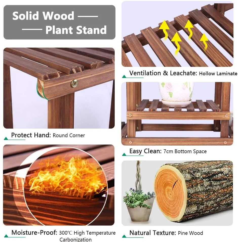 Wood Plant Stand Indoor Outdoor Multiple Flower Pot Holder Shelf Rack Higher and Lower Planter Display Shelving Unit in Garden Balcony Patio Living Room(7-9 Flowerpots), photo 3 of 8