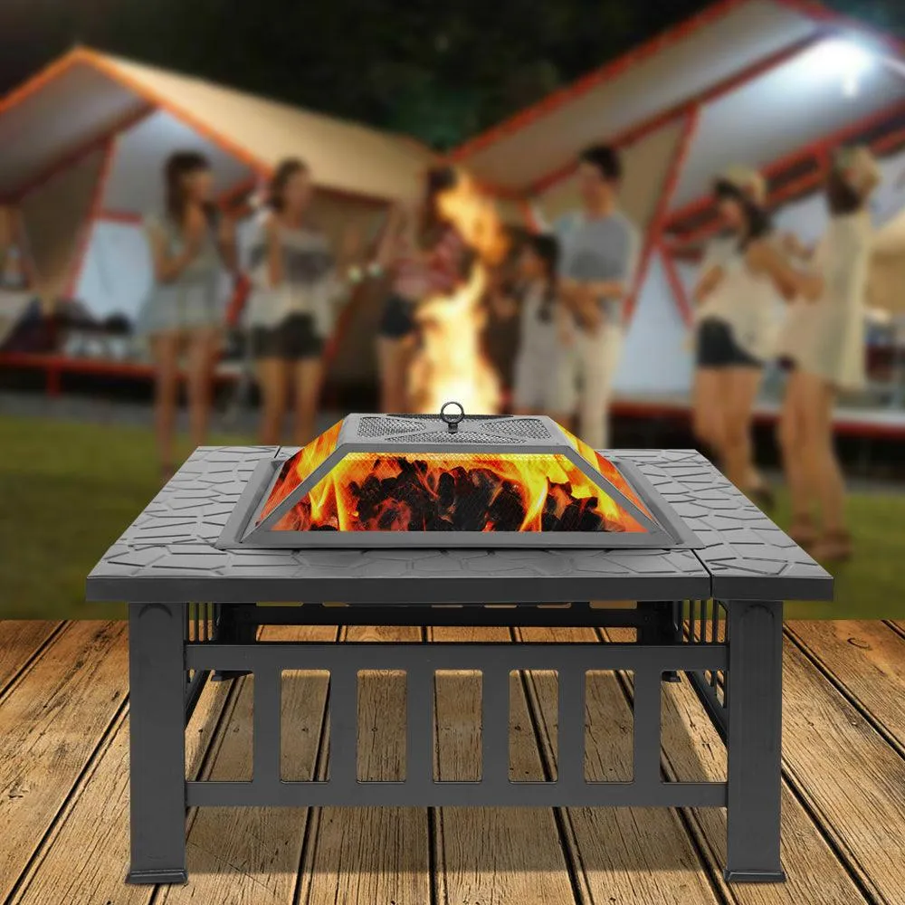 HEMU FASHION Hottest Outdoor Fire Pit, 32'' Square Metal Firepit Table,Wood Burning Stove BBQ Table, Ice Pit, Heater, Waterproof Cover, Suitable for Backyard Garden Camping Party, photo 6 of 10