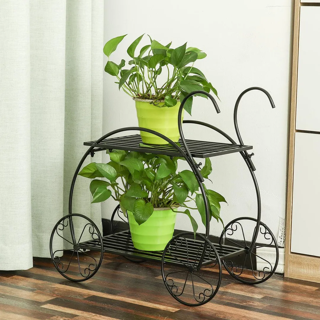 Indoor Outdoor Plant Stand, Cart Shape Metal Potted Plant Holder, Rustproof Iron Art Flower Pot Holder, Decorative Plant Holder for Home, Garden, Patio, Housewarming, photo 2 of 10