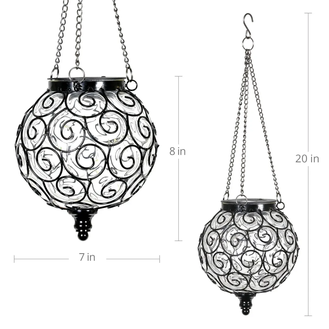 Exhart Solar Round Glass and Metal Hanging Lantern with 15 LED Fairy Firefly String Lights, 7 by 21 inches, Clear, photo 2 of 6