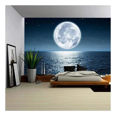 Full Moon Rising over the Ocean Empty at Night with Copy Space - Removable Wall Mural | Self-adhesive Large Wallpaper - 66 × 96 in
