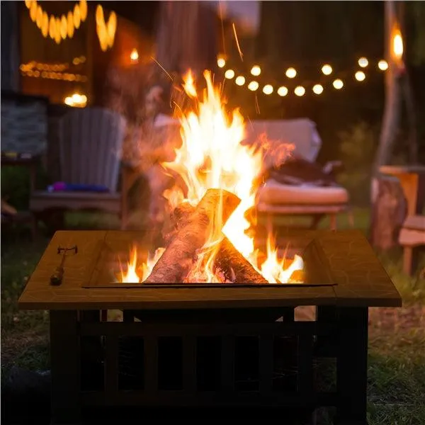 Topeakmart 32'' Outdoor Metal Fire Pit Square Garden Stove Brazier for Barbecue, Heating, Cooling Drinks w/Cover & Poker Black, photo 11 of 12