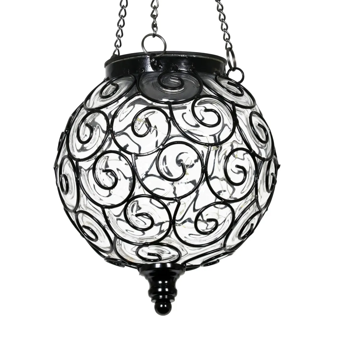 Exhart Solar Round Glass and Metal Hanging Lantern with 15 LED Fairy Firefly String Lights, 7 by 21 inches, Clear, photo 6 of 6