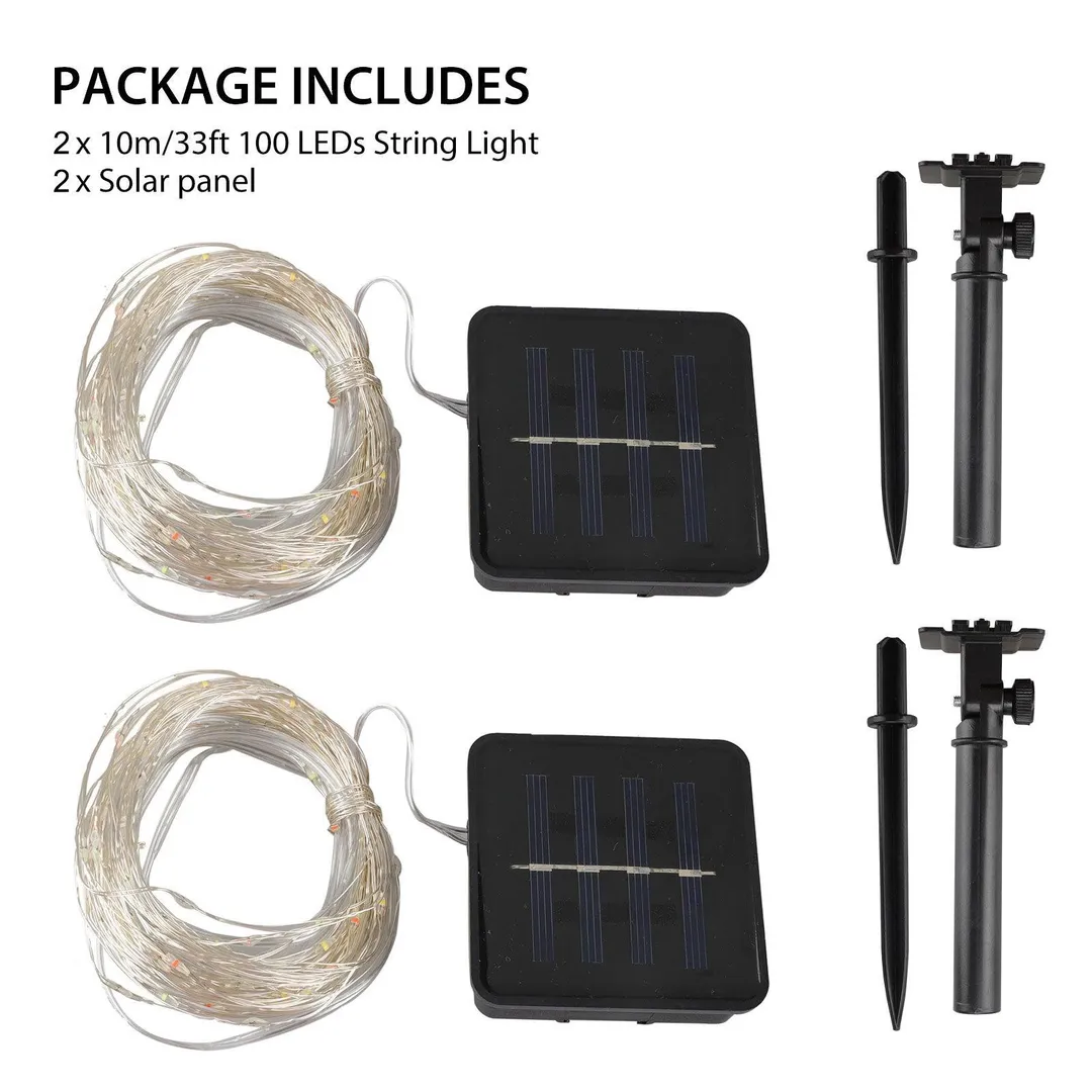 TSV 2/1PCS TSV Solar Powered String Lights outdoor, 100LED 10M/ 33Ft Solar Fairy Lights 2 Modes Waterproof Outdoor/Indoor Garden Lights Copper Wire Lighting for Wedding, Patio, Yard, Festoon, Christmas, photo 9 of 9