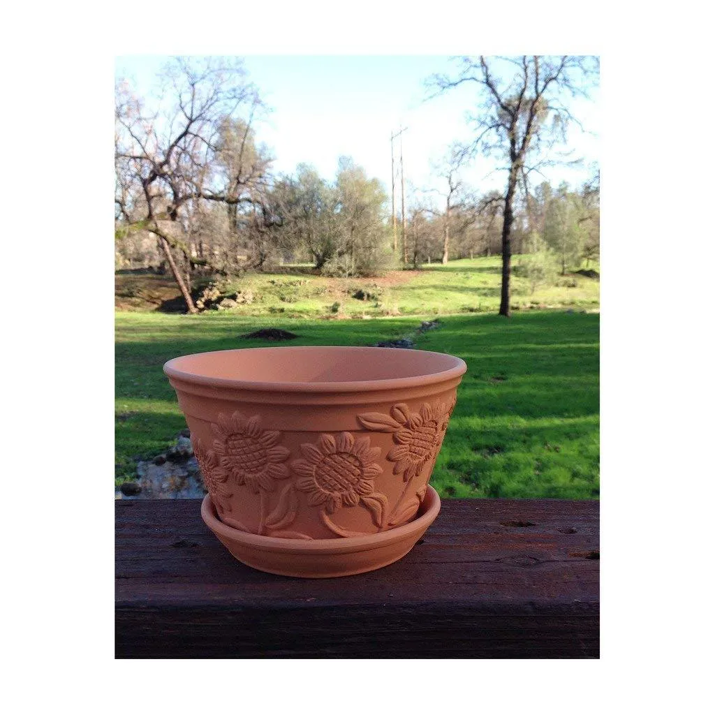 Set of 2 Raised Sunflower Embellished Natural Terracotta Garden Pot with Tray, photo 2 of 6