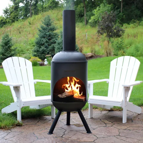 Sunnydaze 60" Chiminea Outdoor Wood-burning Fire Pit Black Steel with Fire Poker