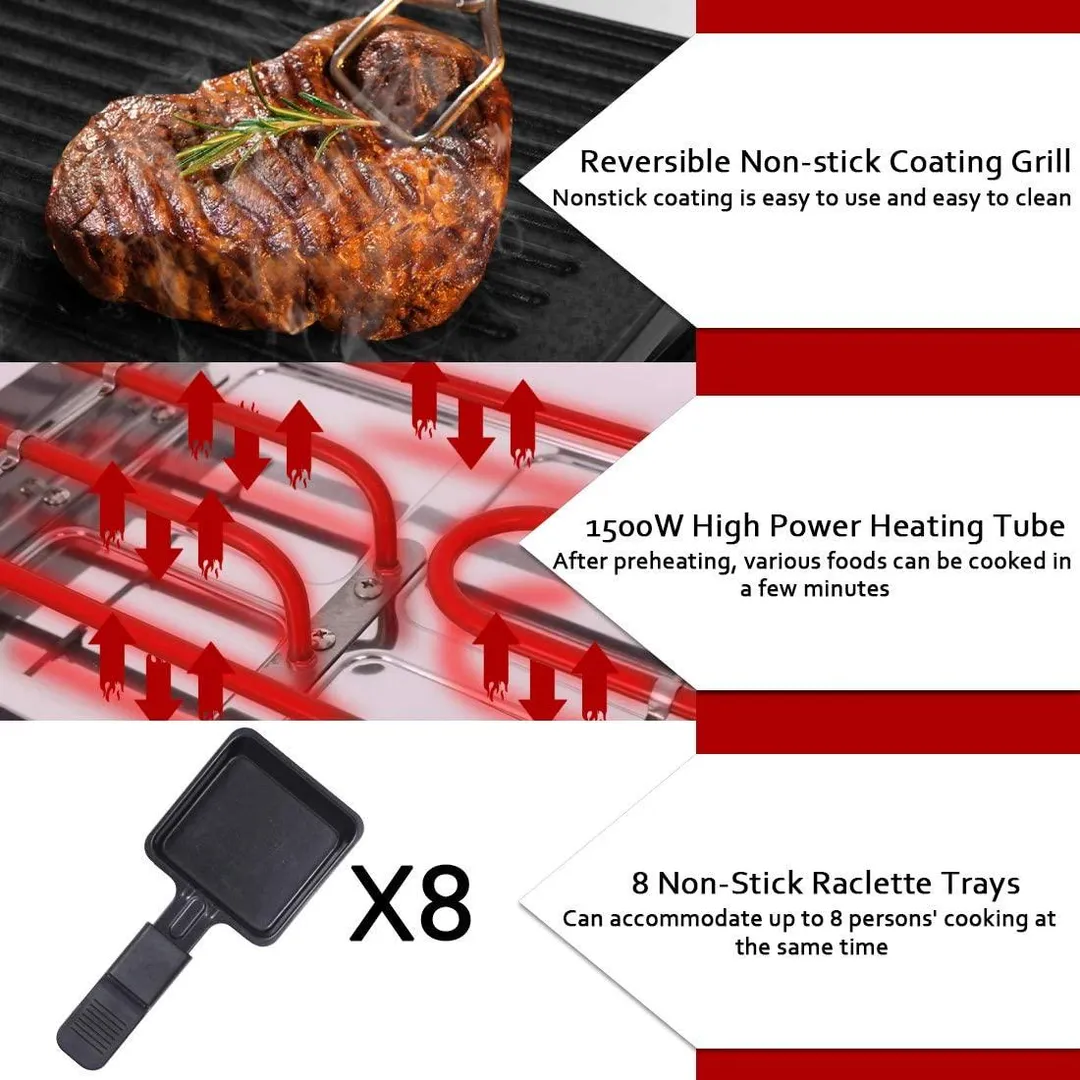 CUSIMAX Raclette Grill Electric Grill Table, Portable 2 in 1 Korean BBQ Grill Indoor & Cheese Ractlette, Reversible Non-stick plate, Crepe Maker with Adjustable temperature control and 8 Paddles, photo 3 of 7