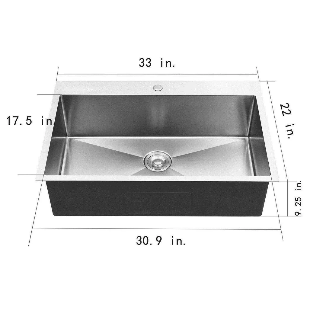 Ktaxon 33-inch (33" x 22" x 9") Drop-In Top Mount Kitchen Sink 16 Gauge Deluxe Handmade Stainless Steel Topmount Drop-In Single Bowl Kitchen Sink, photo 2 of 7