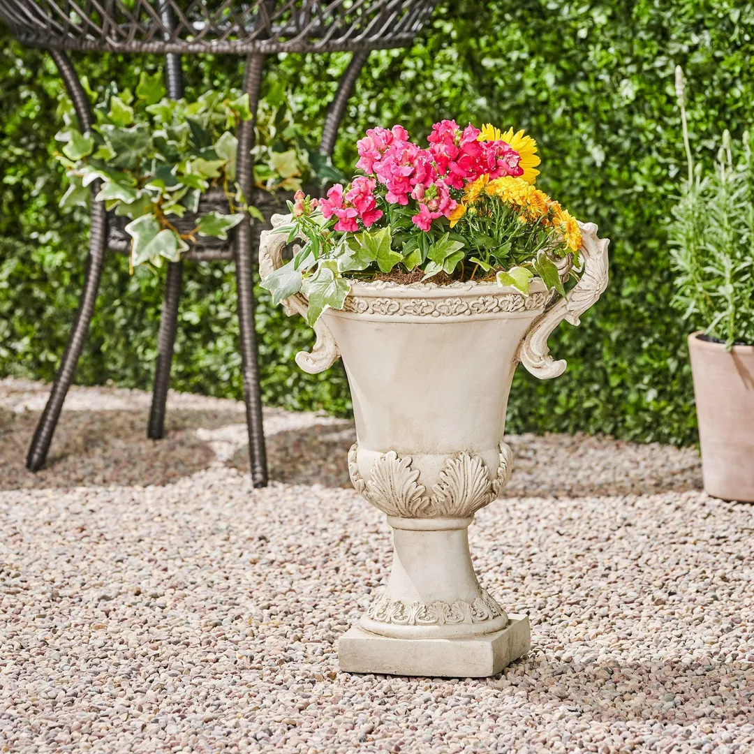 Egypt Outdoor Light Weight Concrete Chalice Garden Urn Planter, Antique White, photo 2 of 7
