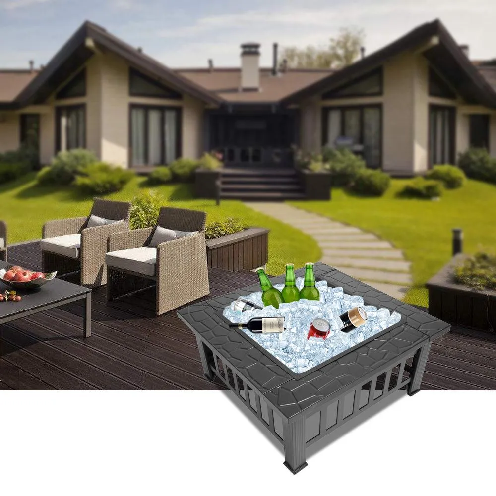 AMSUPER Hottest Outdoor Fire Pit, 32'' Square Metal Firepit Table,Wood Burning Stove BBQ Table, Ice Pit, Heater, Waterproof Cover, Suitable for Backyard Garden Camping Party, photo 3 of 9