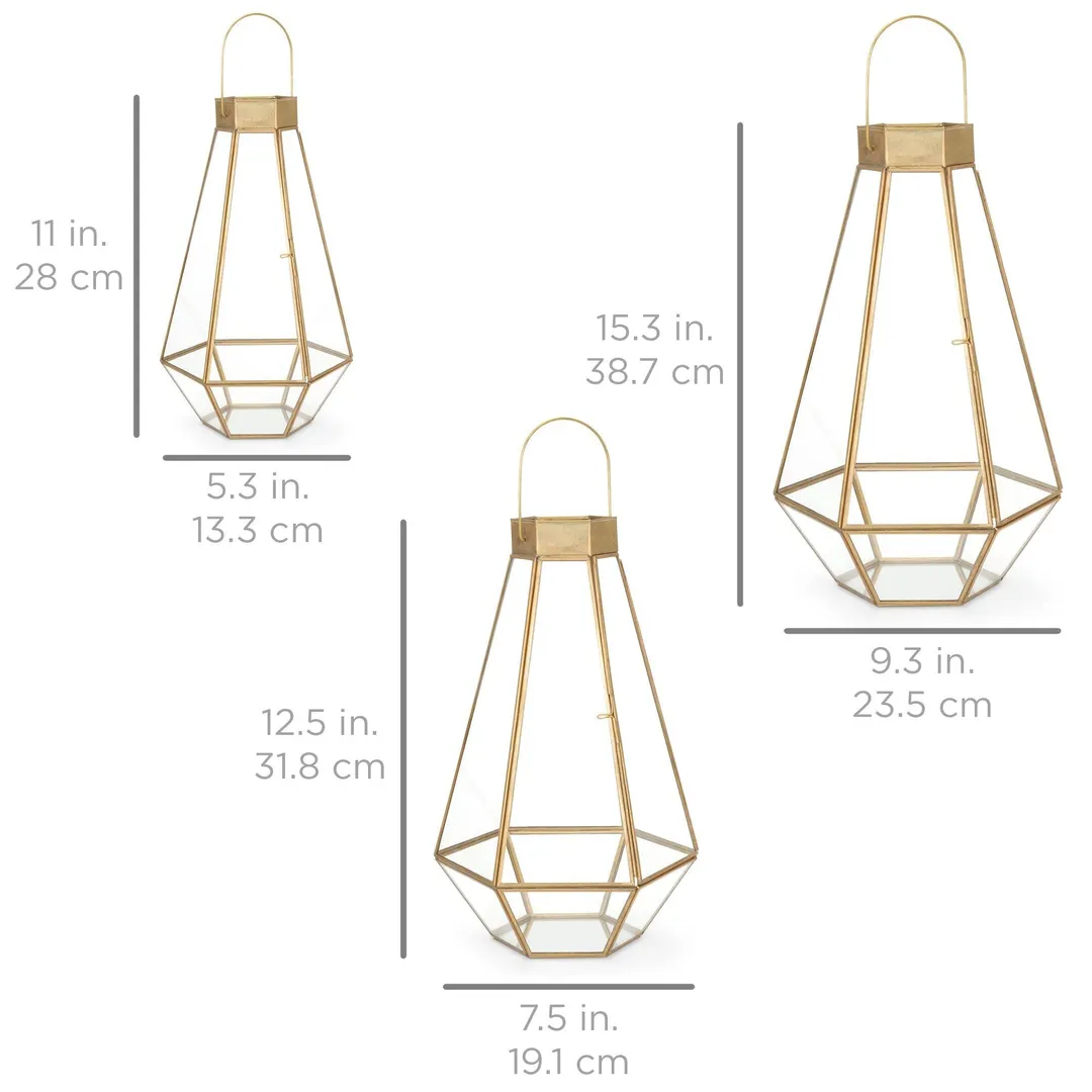 Best Choice Products Set of 3 Indoor Outdoor Decorative Metal Faceted Hurricane Candle Lanterns w/ Clear Glass - Brass, photo 6 of 6