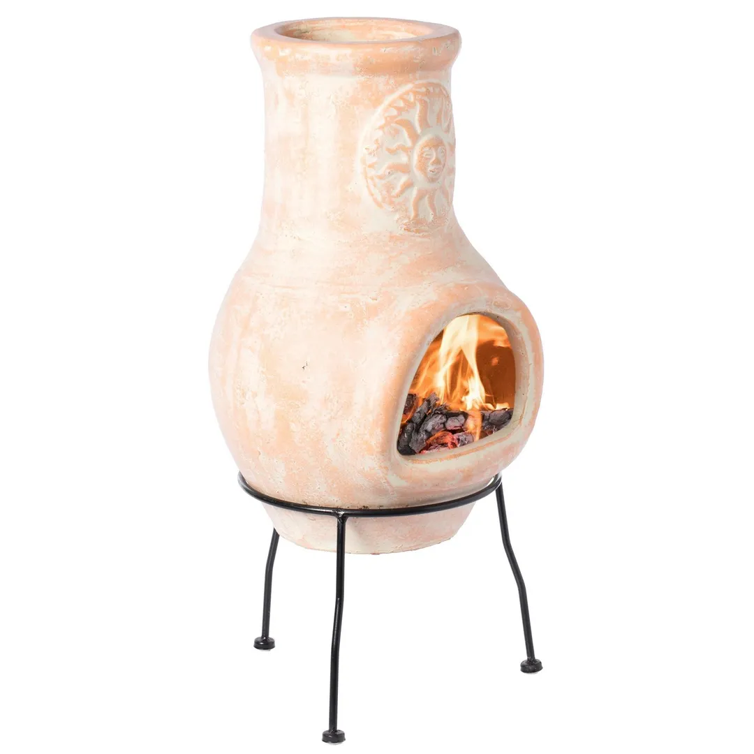 Vintiquewise Outdoor Clay Chiminea Sun Design Charcoal Burning Fire Pit with Metal Stand, photo 8 of 8