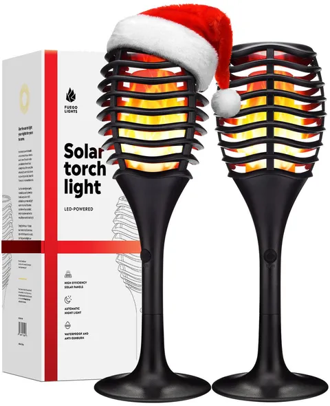 2x Fuego Lights - Solar Tiki Torches with Flickering Flame