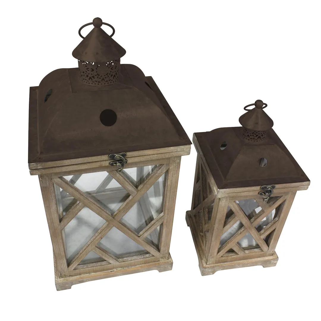 Stonebriar Collection Stonebriar Decorative Wooden Hurricane Candle Lantern Set - Indoor or Outdoor Use - Set of 2, photo 6 of 7