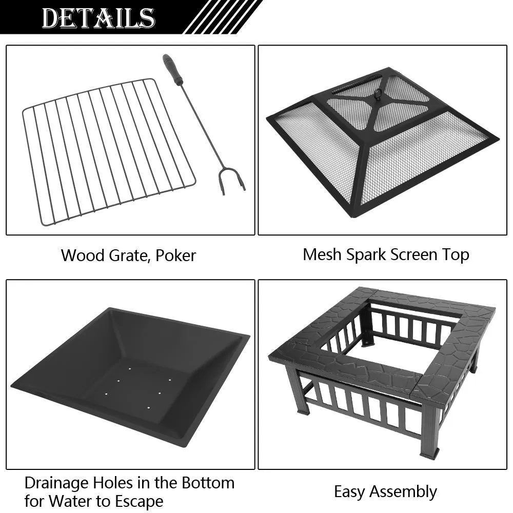 Ktaxon Outdoor 32" Metal Fire Pit Patio Garden Square Stove Fire Pit, photo 6 of 8