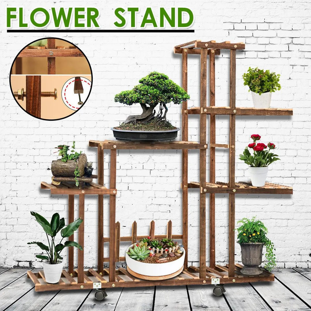 Fir Wood Plant Flower Pot Stand Shelf Rack Display Wheels Indoor Outdoor Garden, photo 3 of 6
