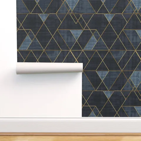 Removable Water-Activated Wallpaper Navy Blue Texture Geometric Gold Mid Century