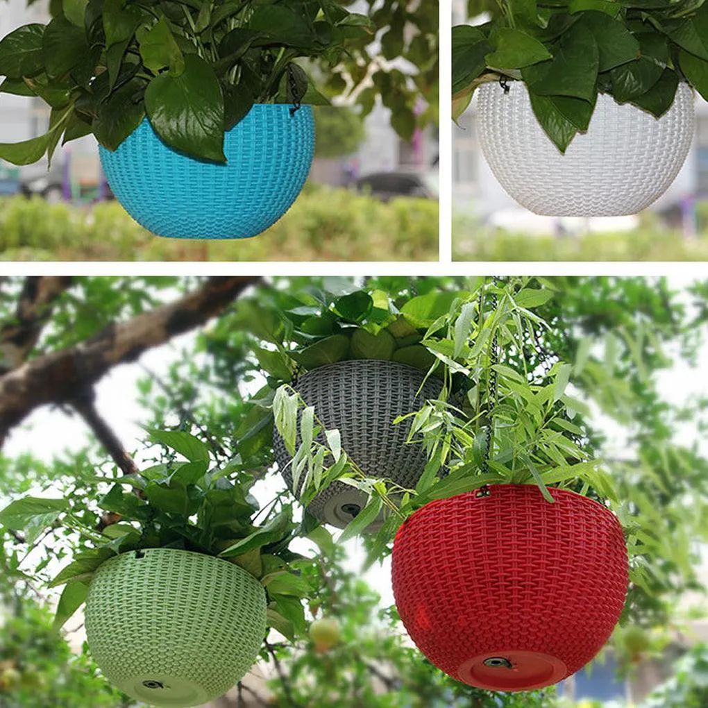 Round Resin Chain Basket Hanging Planter Rattan Flower Pot Self-watering Art Planter Plastic Resin Planting Tool Garden Supplies, photo 5 of 7