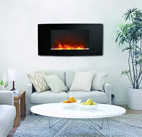 CAMBR35WMEF-1BLK 35" Curved Wall Mount Electronic Fireplace With Crystal Rocks