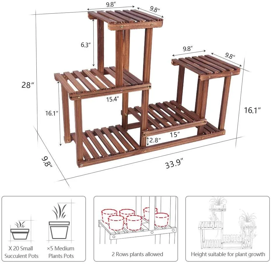 Wood Plant Stand Indoor Outdoor Multiple Flower Pot Holder Shelf Rack Higher and Lower Planter Display Shelving Unit in Garden Balcony Patio Living Room(7-9 Flowerpots), photo 5 of 8