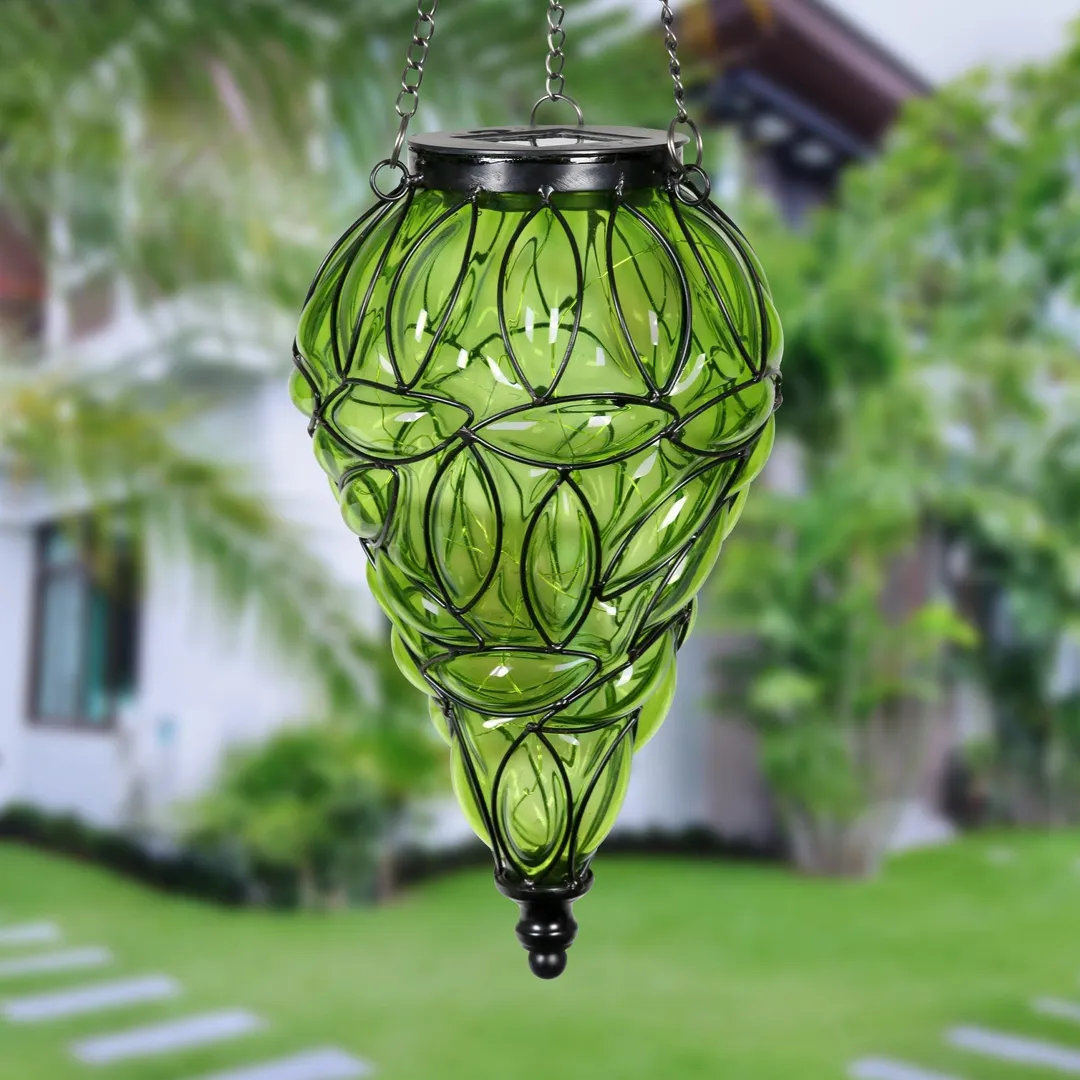 Exhart Solar Tear Shaped Glass and Metal Hanging Lantern in Green with 15 LED Fairy Firefly String Lights, 7 by 24 inches, photo 3 of 6