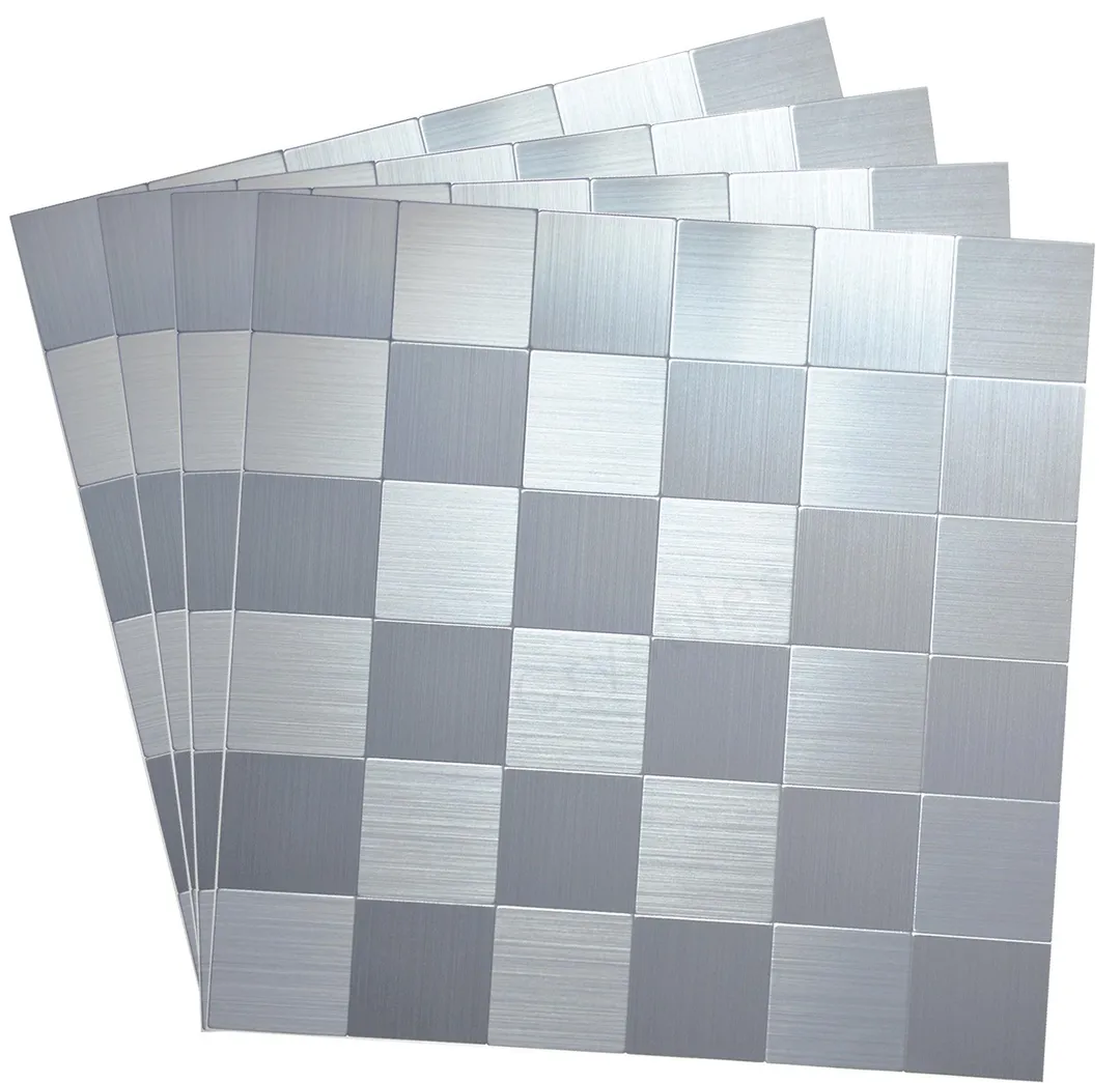 Crystiles Silver Mosaics 12 in. x 12 in. Peel and Stick Brushed Aluminum Wall Tile Backsplash, 4 Pieces, photo 3 of 4