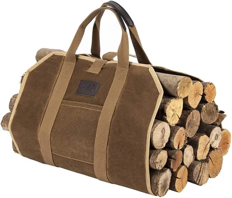 GEX Firewood Fireplace Carrier Logs Tote Holder 20 oz Waxed Canvas Sturdy Bag with Handles for Camping Indoor Outdoor