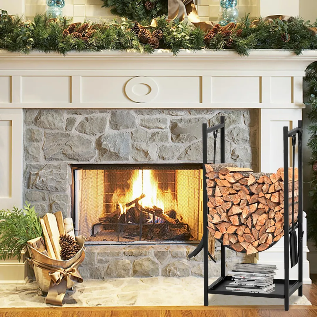 Winado 30 in. Outdoor Steel Firewood Log Rack Wood Storage Holder for Fireplace w/ Tools, photo 2 of 5