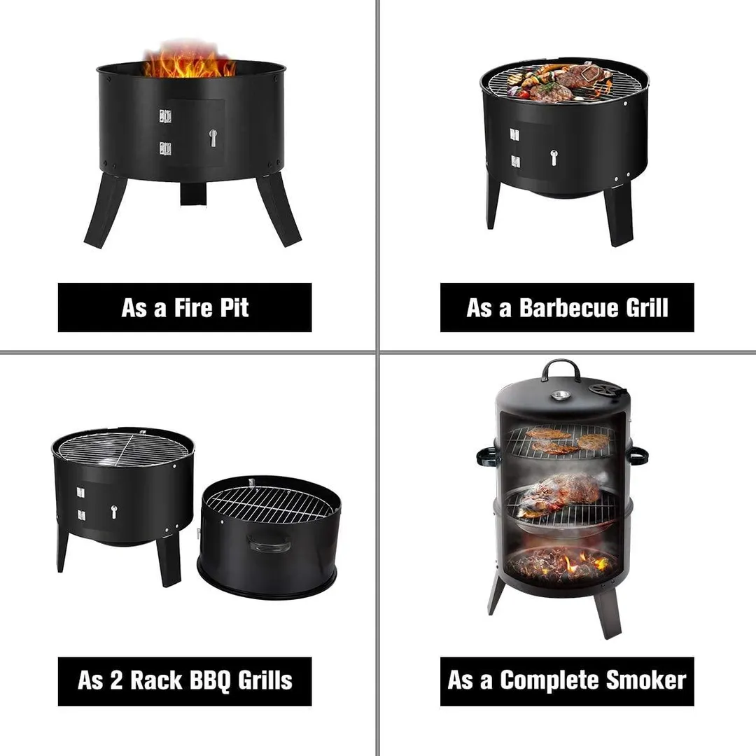 Portable Charcoal Grill 2 tier Outdoor Stove Grills Multifunctional Fire Pit 20" Complete Smoker for Camping Barbecue, Black, photo 7 of 7