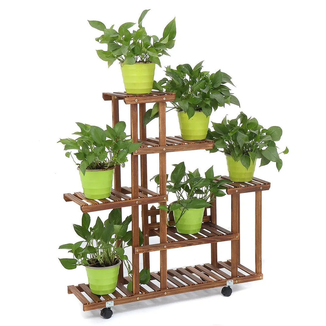6 Tier  With Wheels Pot Flower Wooden Plant Stand Movable Shelf Wood Planters Shelving Rack Raised Garden Beds for Indoors Outdoor Patio Yard Home Decoration, photo 4 of 10