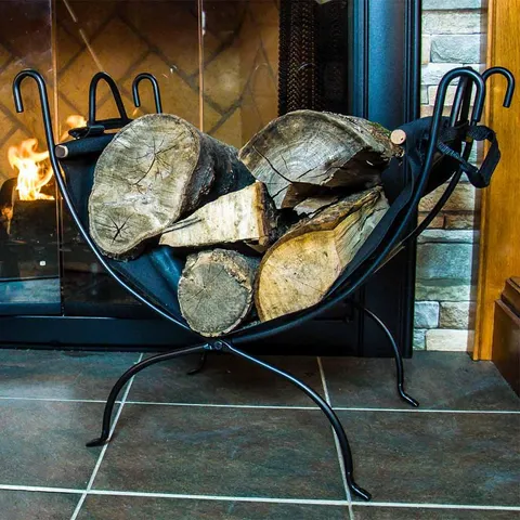 Wrought Iron Log Rack with Canvas Log Carrier - Black