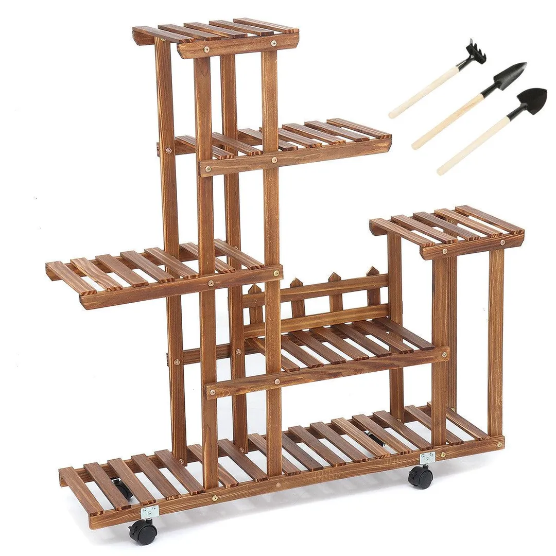 6 Tier  With Wheels Pot Flower Wooden Plant Stand Movable Shelf Wood Planters Shelving Rack Raised Garden Beds for Indoors Outdoor Patio Yard Home Decoration, photo 5 of 10