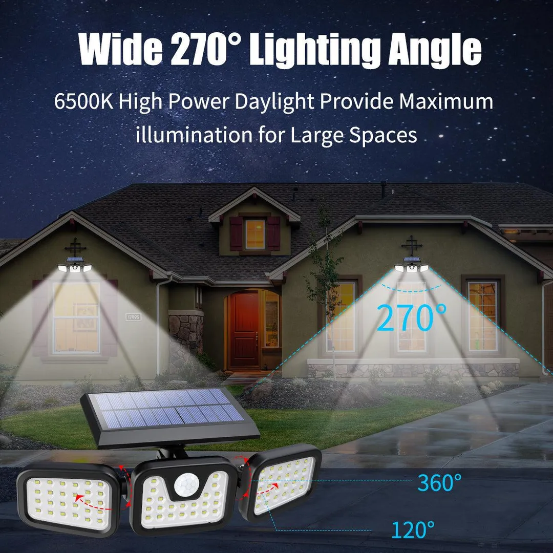 Cshidworld 74LED Solar Lights Outdoor, Wireless Solar Wall Lamp Motion Sensor Security Lights IP65 Waterproof 3 Adjustable Heads 270° Wide Angle Illumination LED Flood Light Spotlights- Porch Garden Patio Garage, photo 5 of 8