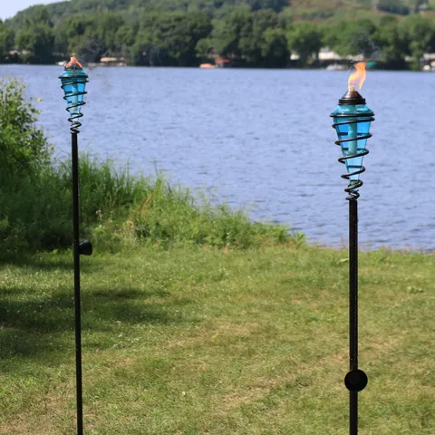 Sunnydaze 2-in-1 Metal Swirl with Blue Glass Outdoor Lawn Torch - Set of 2
