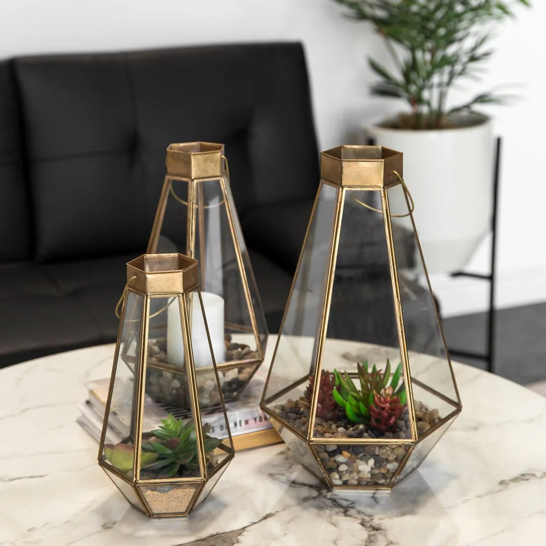 Best Choice Products Set of 3 Indoor Outdoor Decorative Metal Faceted Hurricane Candle Lanterns w/ Clear Glass - Brass, photo 2 of 6