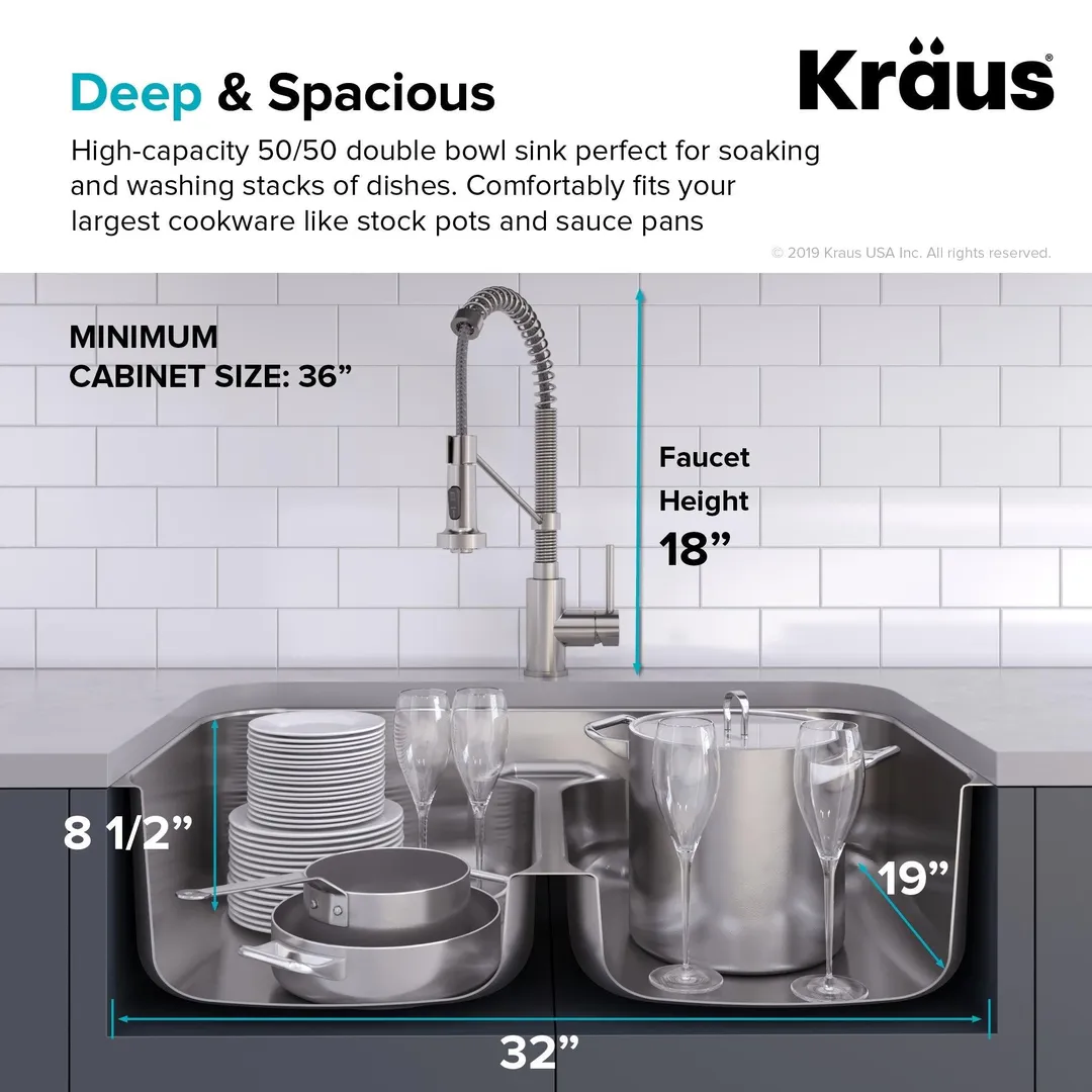 KRAUS Ellis 33-inch 16 Gauge Undermount Kitchen Sink Combo Set with Bolden 18-inch Pull-Down Commercial Kitchen Faucet, Stainless Steel Finish, photo 4 of 9