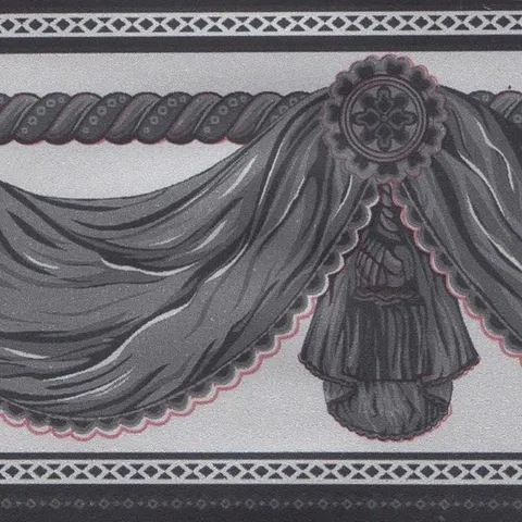 Peel and Stick Faux Charcoal Grey Black Curtains Light Grey Wallpaper Border Retro Design