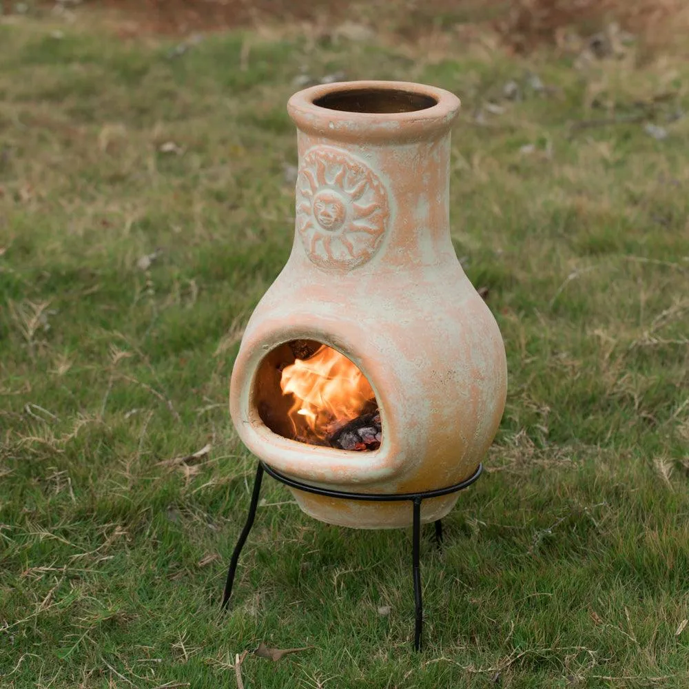 Vintiquewise Outdoor Clay Chiminea Sun Design Charcoal Burning Fire Pit with Metal Stand, photo 2 of 8