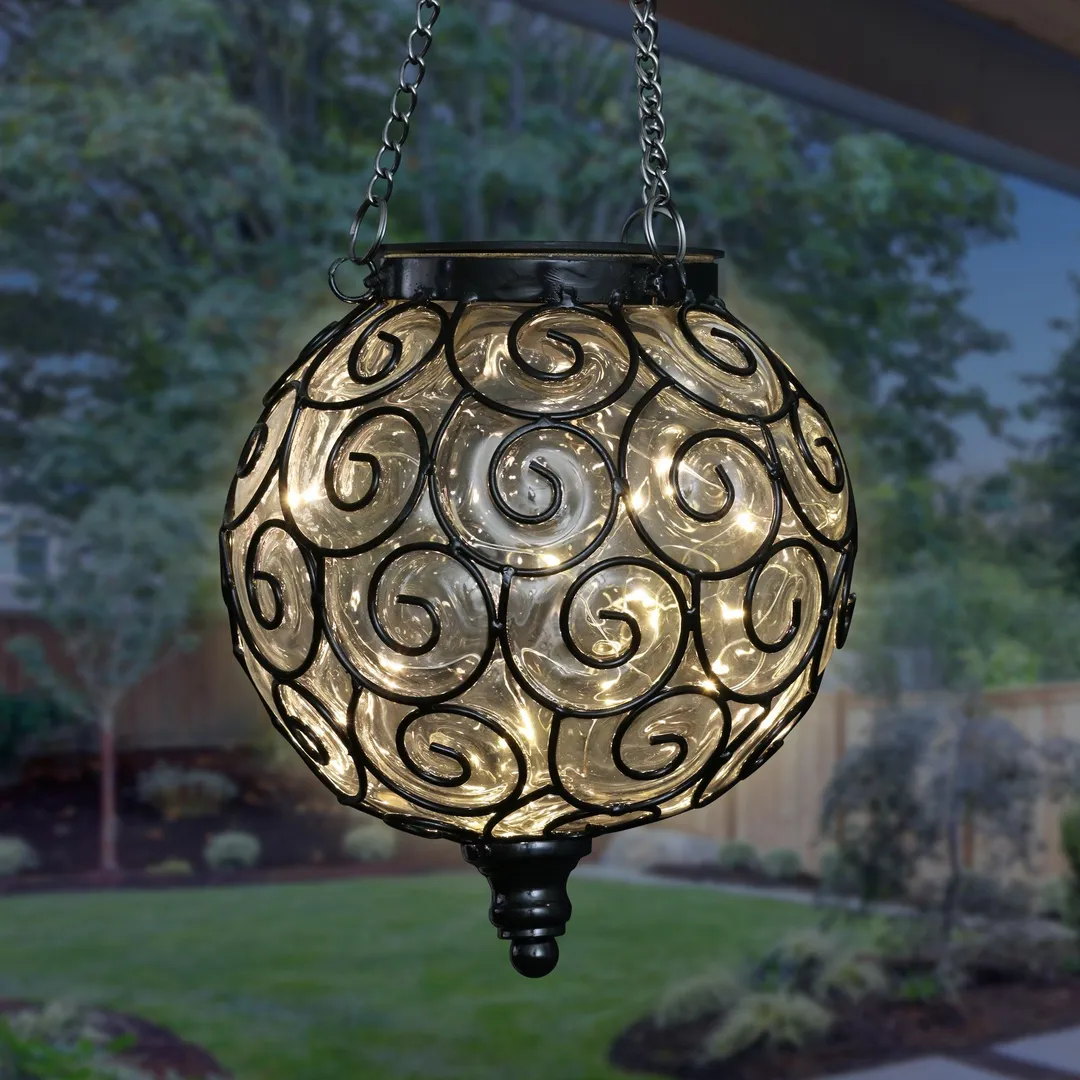 Exhart Solar Round Glass and Metal Hanging Lantern with 15 LED Fairy Firefly String Lights, 7 by 21 inches, Clear, photo 3 of 6