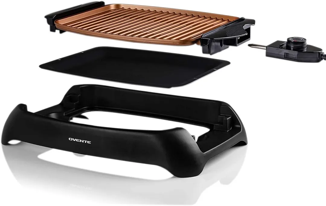 Ovente Electric Cooking Grill 13 x 10 Inch Nonstick Cast Iron Flat Plate with Oil Drip Pan & Temperature Control, Indoor Kitchen or Outdoor Easy Clean Compact for BBQ Grilling Meat, Copper GD1632NLCO, photo 7 of 9
