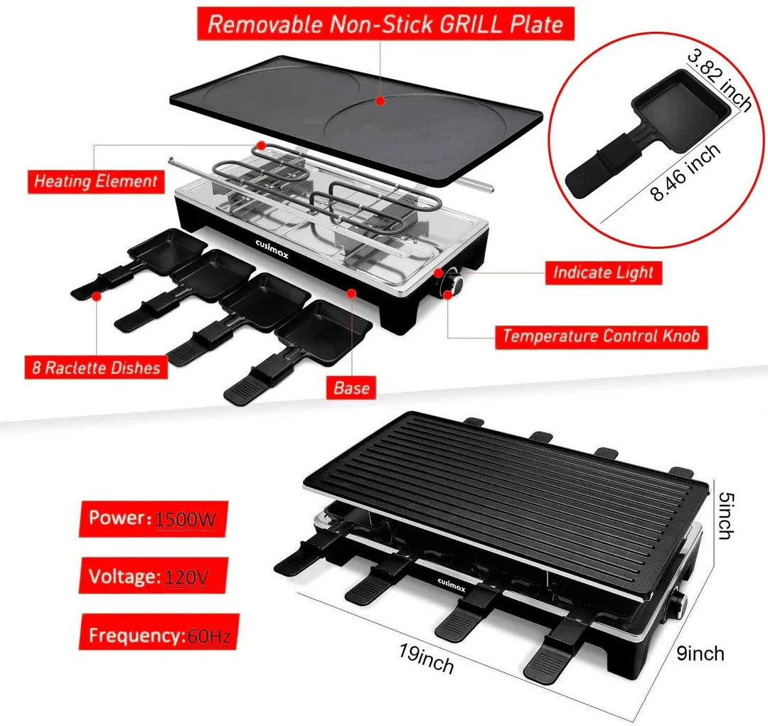 CUSIMAX Raclette Grill Electric Grill Table, Portable 2 in 1 Korean BBQ Grill Indoor & Cheese Ractlette, Reversible Non-stick plate, Crepe Maker with Adjustable temperature control and 8 Paddles, photo 7 of 7