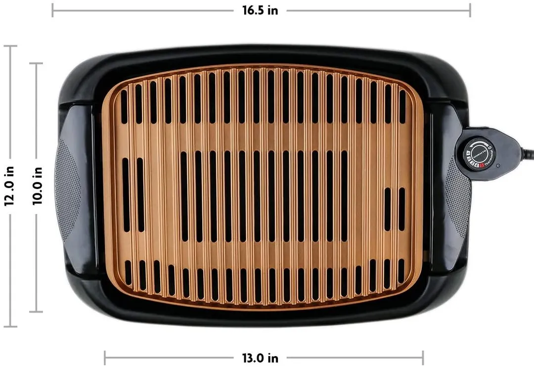 Ovente Electric Cooking Grill 13 x 10 Inch Nonstick Cast Iron Flat Plate with Oil Drip Pan & Temperature Control, Indoor Kitchen or Outdoor Easy Clean Compact for BBQ Grilling Meat, Copper GD1632NLCO, photo 9 of 9