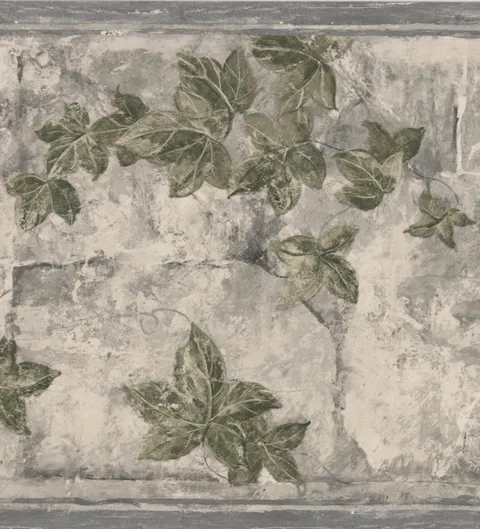 Wallpaper Border - Green Leaves on Branches Floral Grey Wall Border Retro Design
