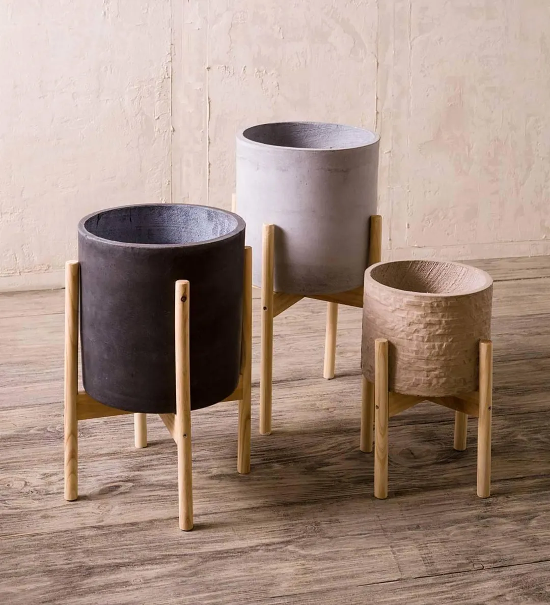 Cylinder Cement Planters on Wooden Stands, Set of 2, Terracotta, photo 2 of 2
