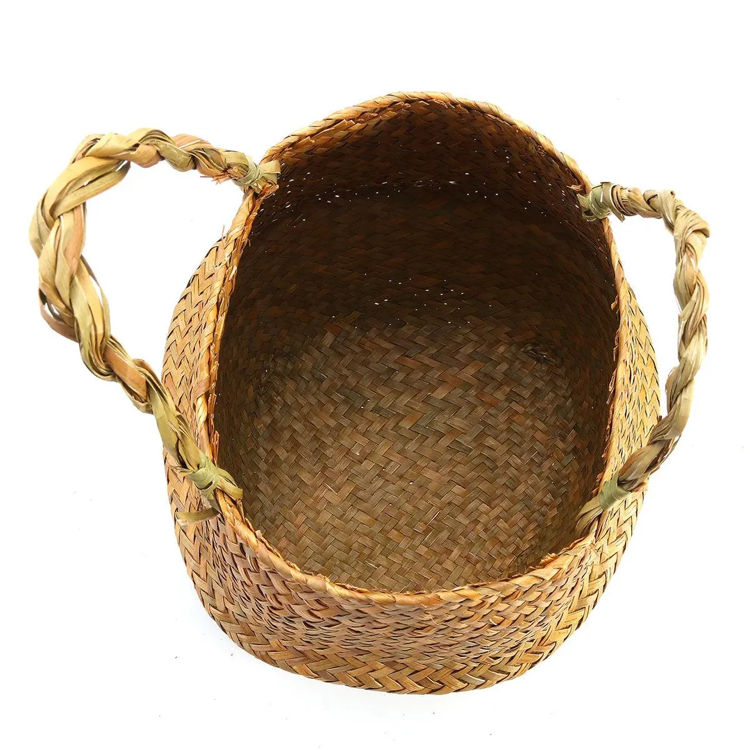 Set of 2 Handmade Rustic Storage Baskets Foldable Laundry Straw Patchwork Wicker Rattan Seagrass Belly Garden Flower Pot Planter Basket Garden Accessories, photo 8 of 10